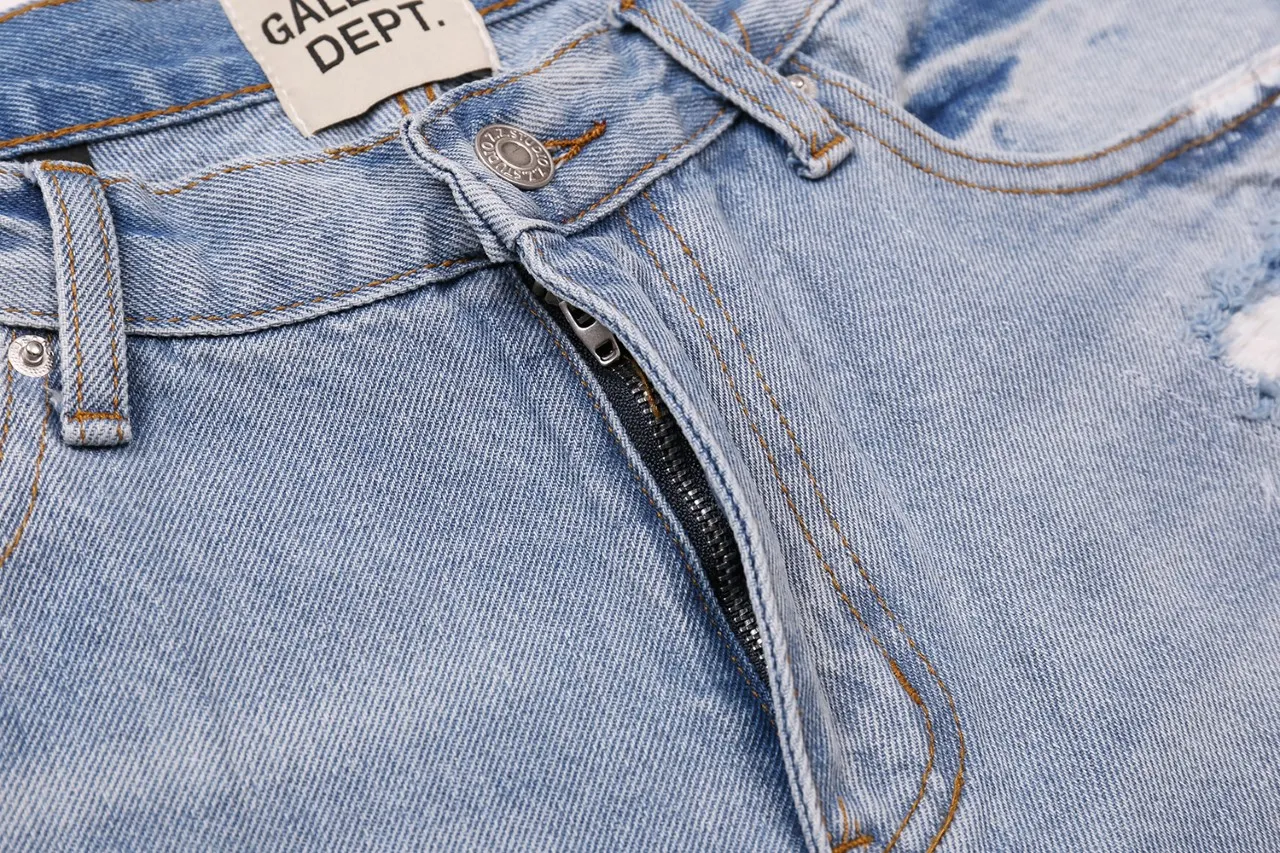 p270 647#Gallery Dept New Washed Blue Destroyed Hole Embroidery Patch Hand-painted Splashed Ink Splicing Micro-Large Jeans Heavy Industry Ox King American High Street Casual Pants Washed Blue S~XL